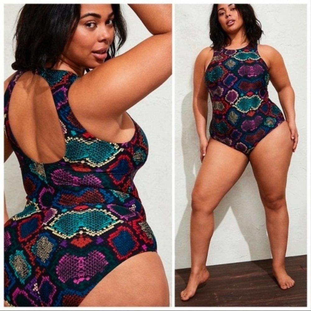 Snake Skin Shine Multicolor High Neck One Piece Swimsuit